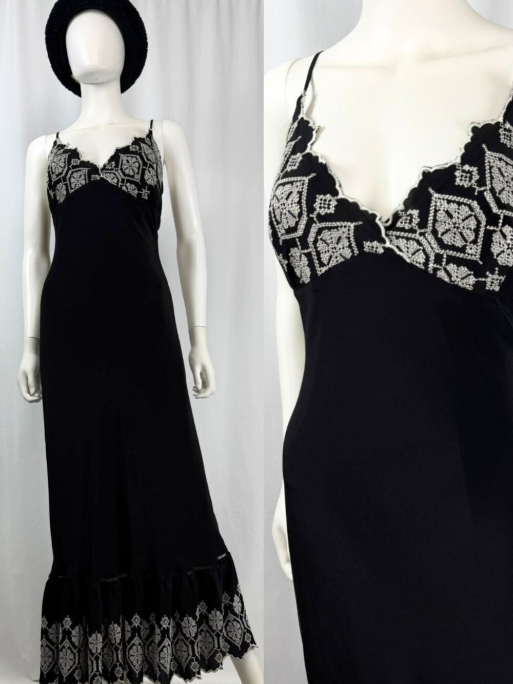 Vintage Y2K Tristan et Iseut Silk Black Slip Embroidery Midi Dress 10